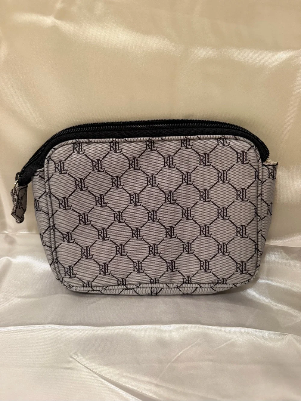Lauren Ralph Lauren RL Monogram Cosmetic Makeup Bag Travel Pouch Gray Black
